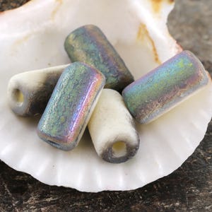 Czech Glass 14x7mm Large Hole Tube - Textured Vanilla Vitrail