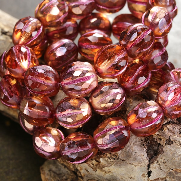 Czech Glass 10mm Faceted Melon Round - Harvest Sunset w/ Fuchsia