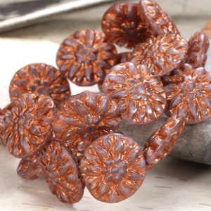 Czech Glass 14mm Dahlia Coin - Moon Mist w/ Copper Wash