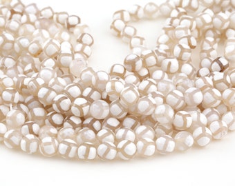 Tibetan (Dzi) Agate White & Natural Patterned Faceted Round 10mm Beads