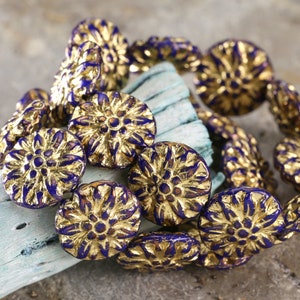 Czech Glass 14mm Dahlia Coin - Bronzed Indigo w/ Gold