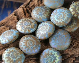 Czech Glass 20mm Puff Coin - Laser Etched Ammonite on Matte Cornflower Blue Picasso w/ AB Finish