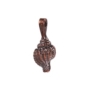 May include: A bronze-colored seashell pendant with a loop at the top for a necklace. The pendant has a detailed, textured surface with ridges and a spiral design. The overall shape is elongated and slightly curved.