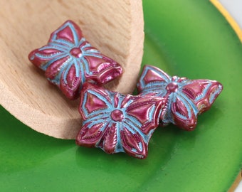 Czech Glass 12x15mm Butterfly Bead - Metallic Pink Guava w/ Sky Blue