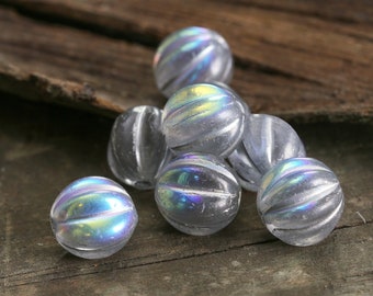 Czech Glass 10mm Melon Round - Crystal AB w/ Silver Wash