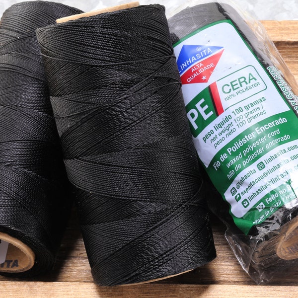 Black Linhasita Waxed Polyester Cord, PE-1 / PE-2 / PE-4 Thickness