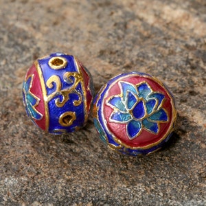 Cloisonné 13x11mm Blue, Aqua & Berry w/ Gold Finish Lotus Rondelle