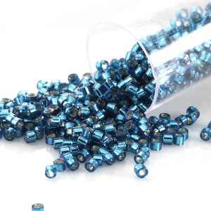 May include: A close-up of a clear plastic tube filled with small, metallic blue beads. The beads are scattered on a white surface.