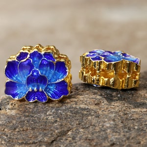 Cloisonné 14x11mm Blue & Sky Blue Gold Finish Openwork Lotus Focal Bead