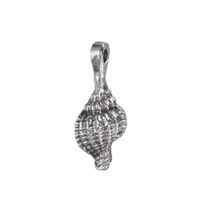 May include: A silver seashell pendant with a textured finish. The pendant has a loop at the top for attaching to a chain. The seashell design is detailed, with visible ridges and curves, and is a realistic representation.