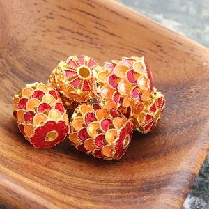 Cloisonné 14x12mm Red & Cantaloupe w/ Gold Finish Dragon Scales Barrel