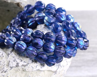 Czech Glass 8mm Faceted Melon Round - Matte Sapphire AB w/ Purple