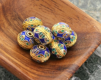 Cloisonné 10x12mm Cobalt, Green, & Aubergine w/ Gold Finish Rondelle