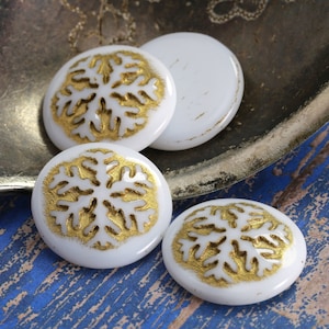 Czech Glass 21mm Snowflake Coin Cabochon - White w/ Gold