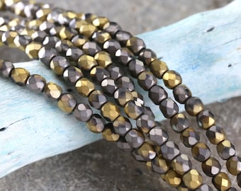 Czech Glass 3mm Fire Polished Round - Matte Antique Silver w/ Gold