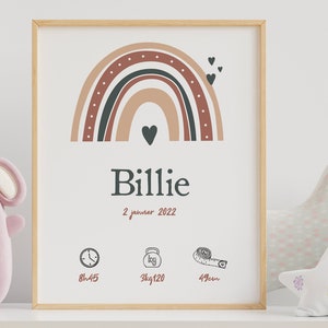 Affiche naissance personnalisée - Arc-en-ciel - Prénom / Date de naissance / Taille / Poids - Décoration chambre enfant- Cadeau personnalisé