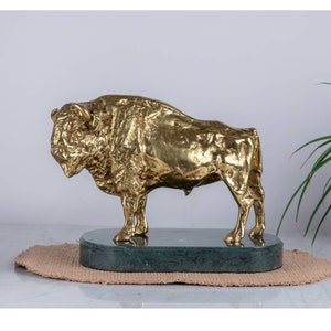 Vintage Brass Bison Sculpture, Marble Base, Polished, Statue, Animal Art Figurine, Antique, Home Decor