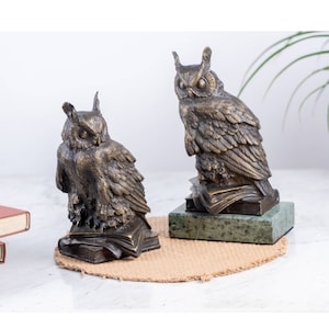 Vintage Brass Owl Figurine on Books: Patinated Lost Wax Statue