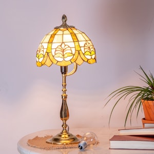 Lámpara de vela vintage latón retro 44cm, pantalla de vidrieras, base de latón, lámpara estilo tifanny, anitque, decoración del hogar