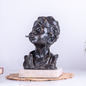 Patinated Bronze Boy Bust: Vintage Lost Wax Sculpture, Marble Base