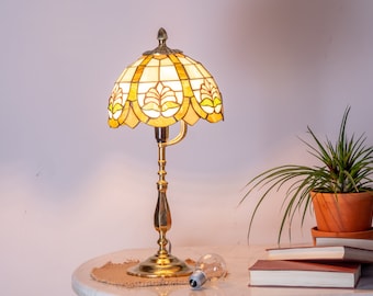 Vintage Candlestick Lamp Retro Brass 44cm, Stained Glass Lampshade, Brass Base, Tifanny Style Lamp, Anitque, Home Decor