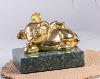 Vintage Brass Happy Lying Piglet, Marble Base, Polished, Figurine, Statue, Antique, Home Decor,