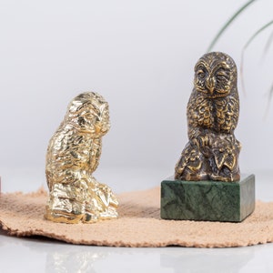 Brass Small Owl on a Rock, Marble Base, Polished or Patinated, Figurine, Statue