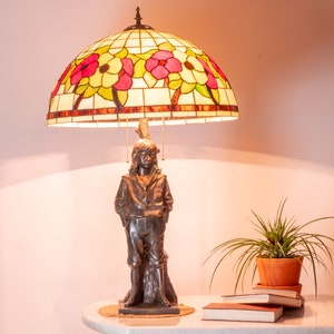 Vintage Boy Lamp Retro Bronze, Stained Glass Lampshade, Bronze Base, Tifanny Style Lamp, Anitque, Home Decor