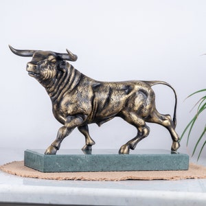 Vintage Brass Bull Sculpture, Marble Base, Patinated, Statue, Animal Art Figurine, Antique, Home Decor