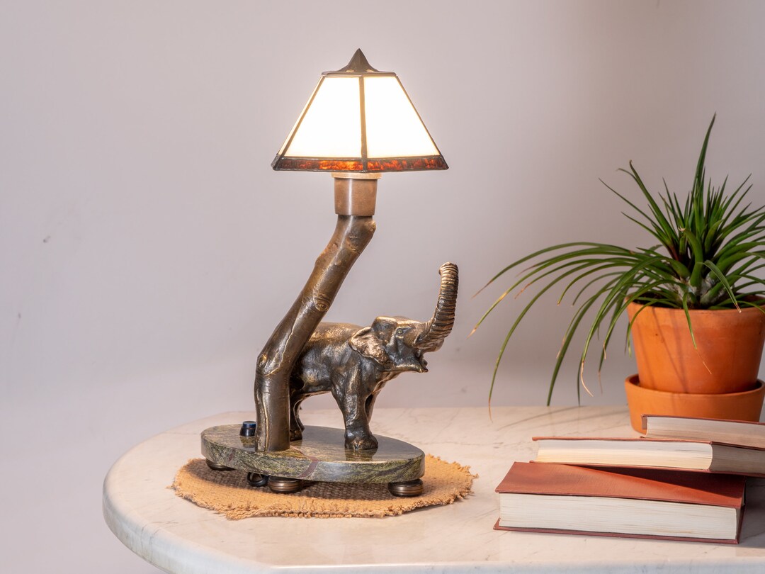 Vintage Elephant Lamp Retro Brass Stained Glass Lampshade Etsy