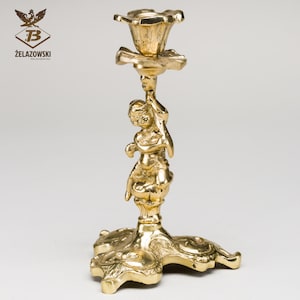 Cherub Single Candle Holder - Baroque-Style Golden Brass Angel Figurine N8