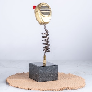 CB Radio with Red Button Statue, Gift for Truck Driver Granite Black Base, Patinated Brass, CB Radio Figure, Statuette Award