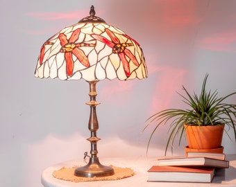 Vintage Brass Candlestick Lamp, Stained Glass Shade, Retro Home Decor
