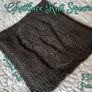 May include: A dark grey knit square with a cable pattern. The square is on a white fluffy surface. The text "Ghostface Knit Square" and "Tangled Balls" is visible in the image. The text "PDF Pattern" is also visible in the image.