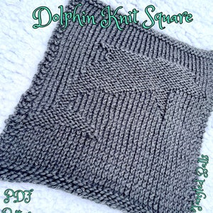 May include: A gray knitted square with a geometric pattern, labeled "Dolphin Knit Square" and "PDF Pattern" in the bottom left corner. The text "Tangled Balls" is in the bottom right corner.