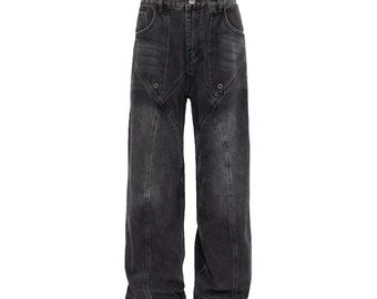 Men's/Womens Patchwork Design Heavy-duty Jeans | Retro Oversized Straight Wide Leg Pants | Fashion Loose Black Trousers