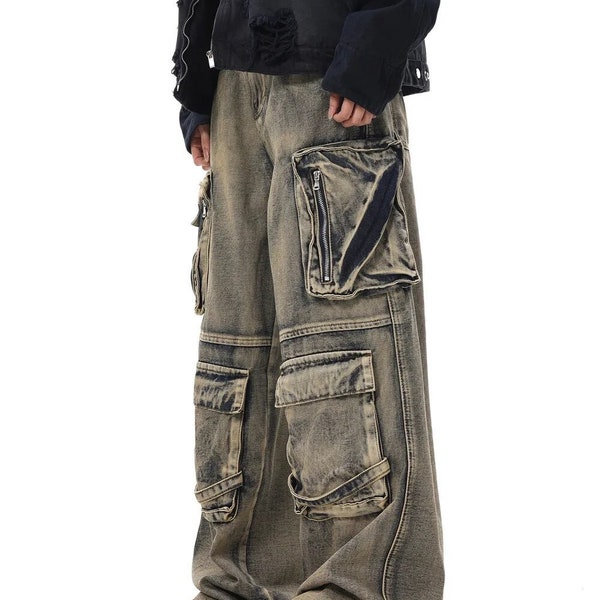 Men's Wasteland Style Multi-Pocket Workwear Pants - Loose Straight Leg Heavyweight Baggy Denim Jeans