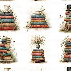 May include: Watercolour illustrations of book stacks with floral and butterfly details. Some stacks have teacups or vases of flowers. The books are in various colours, including blue, red, and brown. The text "Down South Artisans" is visible.