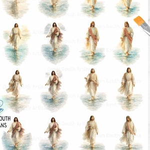 Peut inclure: Feuille de papier de riz pour découpage avec plusieurs images d'une figure en robe blanche et écharpe rouge marchant sur l'eau. Les images sont dans un style aquarelle avec des couleurs douces. Le texte "Down South Artisans" et "JesusWater1-2.5" sont visibles.