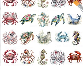 Decoupage Rice Paper FREE SHIPPING, 2 sizes, Floral Sea Creatures, Beach Crab, Turtles, Octopus, Seahorse, Seal, RPFloralSeaCreatures