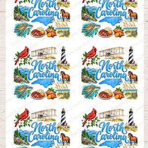 May include: A sheet of decoupage rice paper featuring six identical North Carolina themed illustrations. Each design includes a cardinal, a lighthouse, a horse, a sea turtle, a biplane, a mountain landscape, a plate of food, and the text North Carolina.