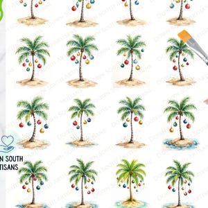 May include: A sheet of decoupage rice paper featuring sixteen watercolor illustrations of palm trees decorated with colorful Christmas ornaments. The sheet includes the text Down South Artisans and palmornaments 2.3t. Green scissors and a paintbrush are visible.