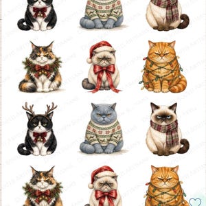 May include: A sheet of decoupage rice paper featuring twelve illustrations of grumpy cats in holiday attire, including cats with reindeer antlers, festive sweaters, plaid scarves, Christmas wreaths, Santa hats, and string lights, with the text Down South Artisans.