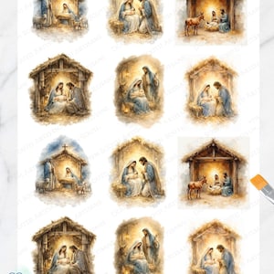 May include: A sheet of decoupage rice paper featuring twelve individual watercolor-style illustrations of the Nativity scene. Each image depicts a stable with figures in blue and brown robes, including a donkey, sheep, and a glowing manger.