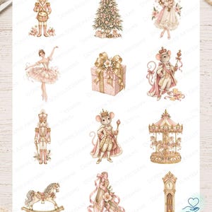 May include: A sheet of decoupage rice paper featuring twelve illustrations including a nutcracker, a decorated Christmas tree, a girl, a ballerina, a gift box, a mouse king, a carousel, a rocking horse, ballet slippers, and a grandfather clock.