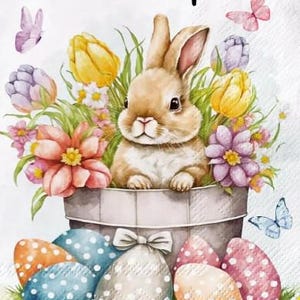 Decoupage Napkins, Happy Easter Rabbit on Pot Craft Napkins, Set of 2 Dinner Size, #900 Easter Decor Craft Napkins