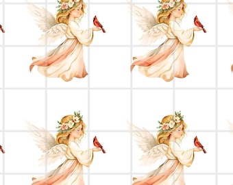 Angel with Cardinal Rice Paper FREE SHIPPING, 2 inch images, Christmas Rice Paper, Christmas Bird Angel Beach Decoupage Paper, Angel1