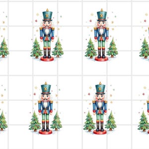 May include: A repeating pattern of watercolor nutcracker soldiers and Christmas trees on a white background. The nutcrackers wear blue jackets, green pants, and red boots. The trees are green with a dusting of snow.
