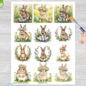 May include: Decoupage rice paper sheet featuring nine watercolor illustrations of Easter bunnies with floral crowns and colorful eggs. The sheet includes the text "Down South Artisans" and "Rabbits1-2.5".