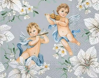 Decoupage Napkins, Angels in Flowers Napkins, Set of 2 Lunch Size, #8030 Silver Angel Christmas Craft Paper Napkins